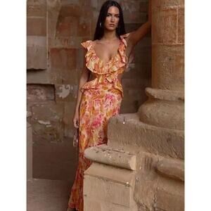 NWT! Zara Linen Floral Ruffled Midi V-Neck Dress - Blogger Favorite - Size XL